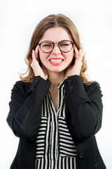 Portrait on successful businrss woman in glasses and dressed in jacket isolated on white