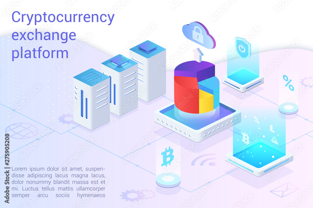 Poster cryptocurrency exchange platform landing page vector template. bitcoin financial transactions, e bil