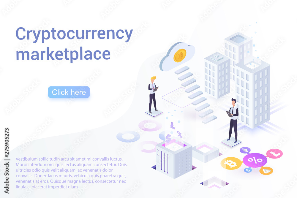 Aufkleber cryptocurrency marketplace isometric landing page vector template. cloud mining and blockchain servi