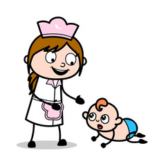 Calling Her Baby - Retro Cartoon Waitress Female Chef Vector Illustration