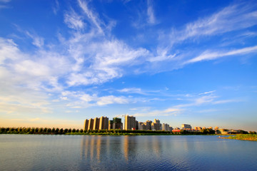 Urban construction scenery at the water's edge