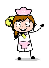 Holding a Guitar - Retro Cartoon Waitress Female Chef Vector Illustration