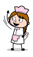 Waving Hand to Say Hello - Retro Cartoon Waitress Female Chef Vector Illustration