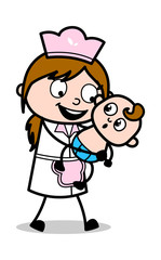 Baby Sitter Playing with Cute Baby - Retro Cartoon Waitress Female Chef Vector Illustration