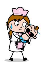 Baby Sitter Holding a Crying Baby - Retro Cartoon Waitress Female Chef Vector Illustration