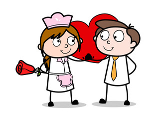 Girl Proposing with Rose - Retro Cartoon Waitress Female Chef Vector Illustration