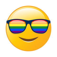 Cute happy face emoji with rainbow flag sunglasses on white background, Vector