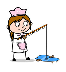 Fishing - Retro Cartoon Waitress Female Chef Vector Illustration