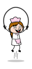 Playing Skipping Rope - Retro Cartoon Waitress Female Chef Vector Illustration