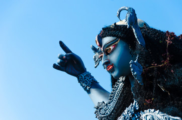 Durga Puja Festival , Goddess Durga idol  near Ganges river in Kolkata.