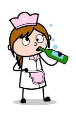Drinking Wine - Retro Cartoon Waitress Female Chef Vector Illustration