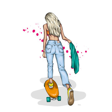 Pretty girls in tops and shorts with skateboard. Vector illustration for a postcard or a poster. Bright, colorful drawing.