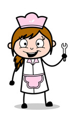 Showing Wrench Tool - Retro Cartoon Waitress Female Chef Vector Illustration