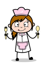 Showing Spoons - Retro Cartoon Waitress Female Chef Vector Illustration