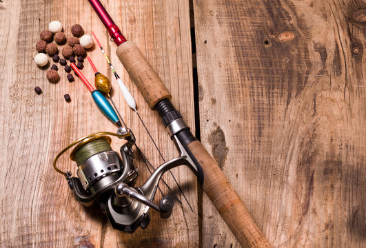 Fishing rod with reel and fishing line. Fishing floats and baits for carp.