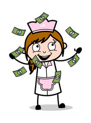 Catching Floating Money - Retro Cartoon Waitress Female Chef Vector Illustration