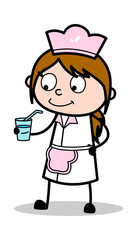 Obraz na płótnie Canvas Drinking Energy Water - Retro Cartoon Waitress Female Chef Vector Illustration