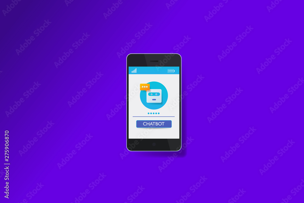 Poster chatbot application on mobile phone screen, vector web banner.