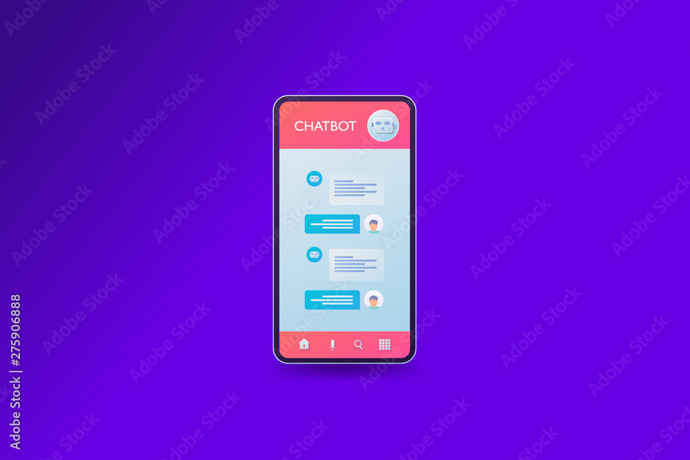 Poster chatbot and human conversation on smartphone screen, online robot assistant concept, vector web bann