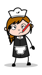 Patient with Thermometer in Mouth - Retro Cartoon Waitress Female Chef Vector Illustration