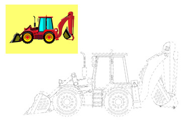 Coloring. Simple educational game for children. Vector illustration of a excavator.