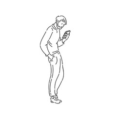 Young man goes and looks in phone vector line art black white sketch isolated illustration.