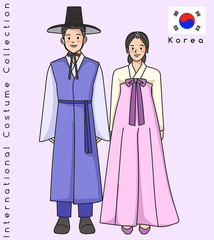 Cute Asian couple with traditional clothes : Vector Illustration