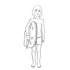 Little child with bodyboard. Vector bodyboarding kid contour. Isolated black outline. Black lines drawing.