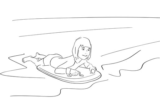 girl on surfboard, black and white clip art preview