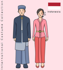 Cute Asian couple with traditional clothes : Vector Illustration