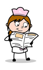 Reading News - Retro Cartoon Waitress Female Chef Vector Illustration