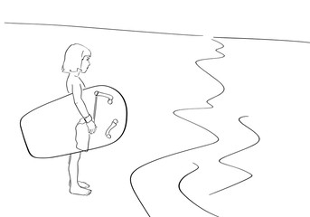 Little child with bodyboard stands on the beach by the sea. Vector bodyboarding kid contour. Isolated black outline. Black lines drawing.