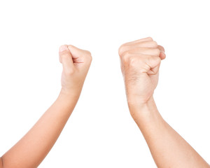 Fist Bump between Man and Boy. ISOLATED On WHITE BACKGROUND.