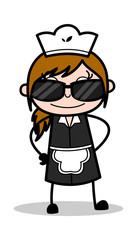 Wears a Trendy Sunglasses - Retro Cartoon Waitress Female Chef Vector Illustration