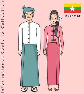 Cute Asian couple with traditional clothes : Vector Illustration
