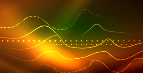 Glowing abstract wave on dark, shiny motion, magic space light. Techno abstract background