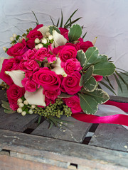 Wedding bouquet of Yak crimson roses. Copy space.