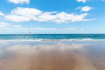 Panorama of beautiful beach and tropical sea of Lanzarote. Canaries