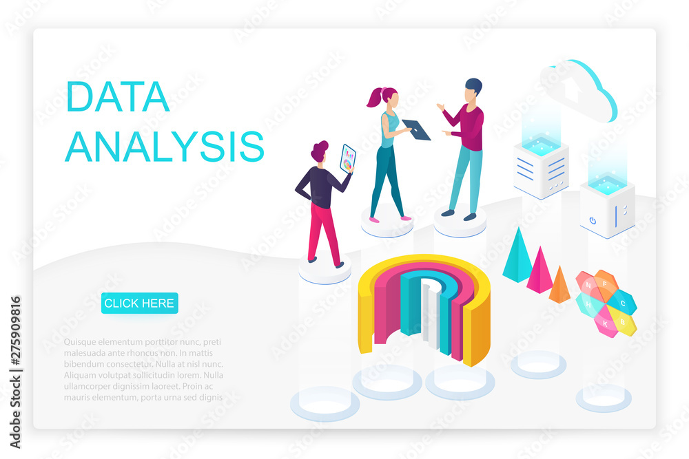 Poster data analysis isometric landing page vector template. infographics, statistics, data visualization 3