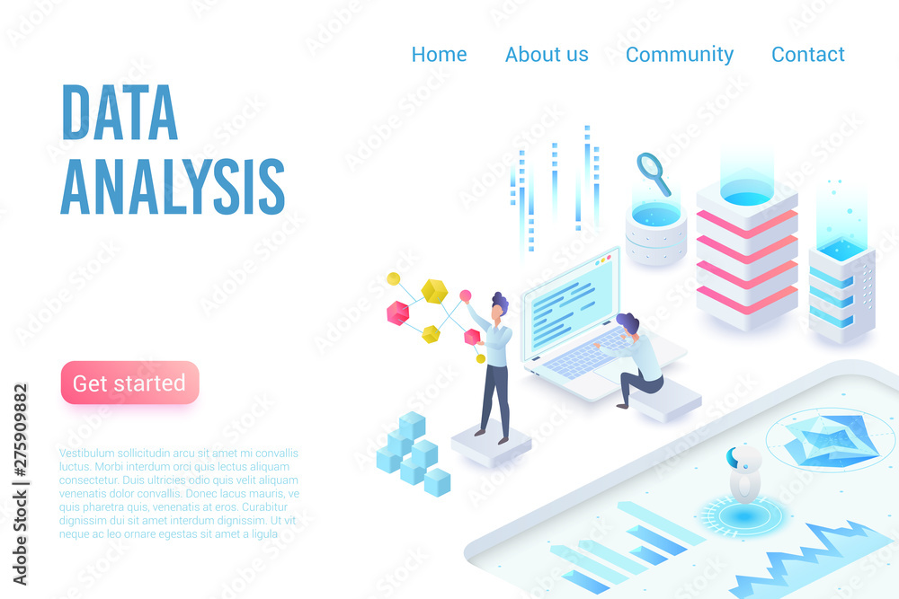Poster Data analysis and visualization isometric landing page vector template. Big data, statistics, web analytics and website traffic webpage design layout. Programming, IT industry 3d concept illustration
