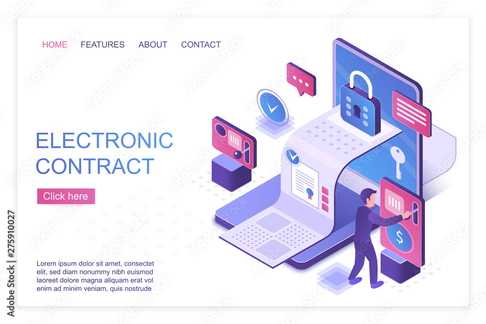 Poster Electronic contract isometric landing page vector template. Personal data protection and encryption, cyber security services website design layout. Smart contract, digital agreement 3d concept