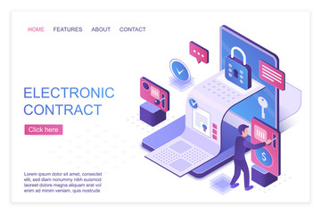Electronic contract isometric landing page vector template. Personal data protection and encryption, cyber security services website design layout. Smart contract, digital agreement 3d concept