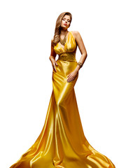 Fashion Model Gold Dress, Woman Full Length Portrait in Golden Yellow Long Gown on White © inarik