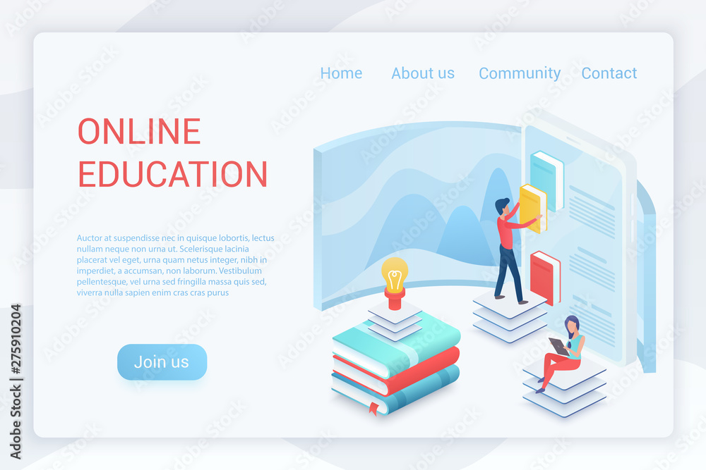 Poster online education, elearning isometric landing page vector template. virtual library, e learning prog