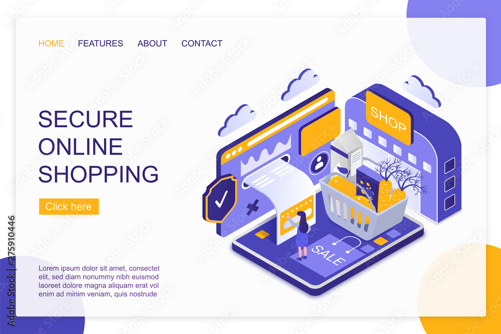 Poster secure online shopping isometric landing page vector template. internet grocery store website layout