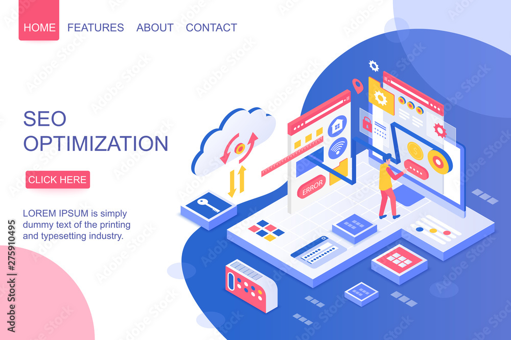 Aufkleber SEO optimization isometric vector landing page template. Digital marketing tool webpage design layout. Web development and website customization services 3d concept. Programming, IT industry