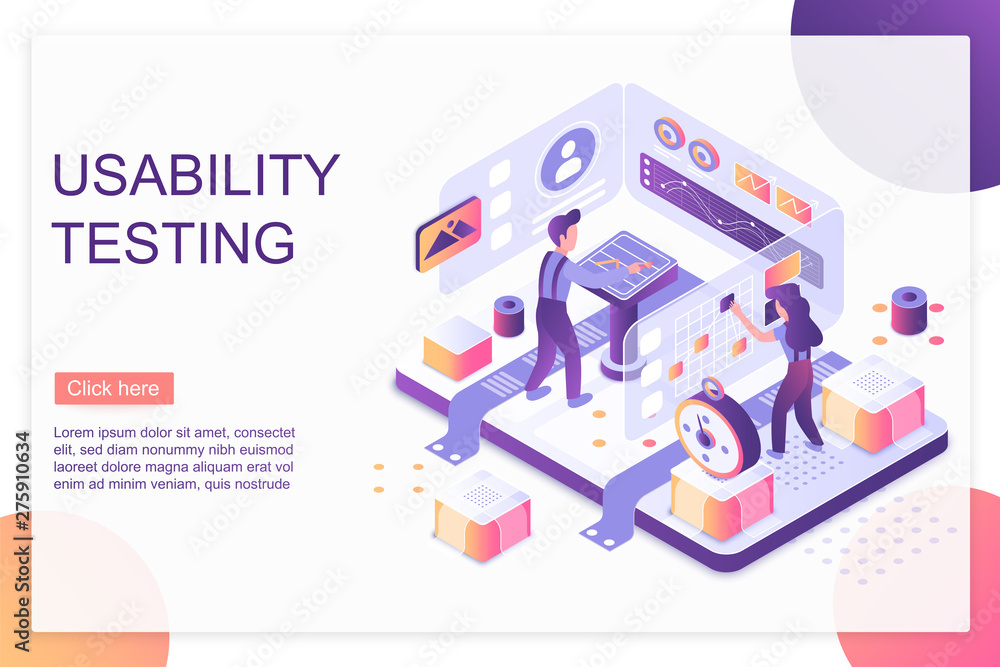 Aufkleber Usability testing isometric landing page vector template. Website optimization and customization services webpage design layout. User experience, UI, UX. App, software development 3d concept