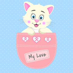 Cute cartoon baby cat sitting in a pocket and smiling fun.