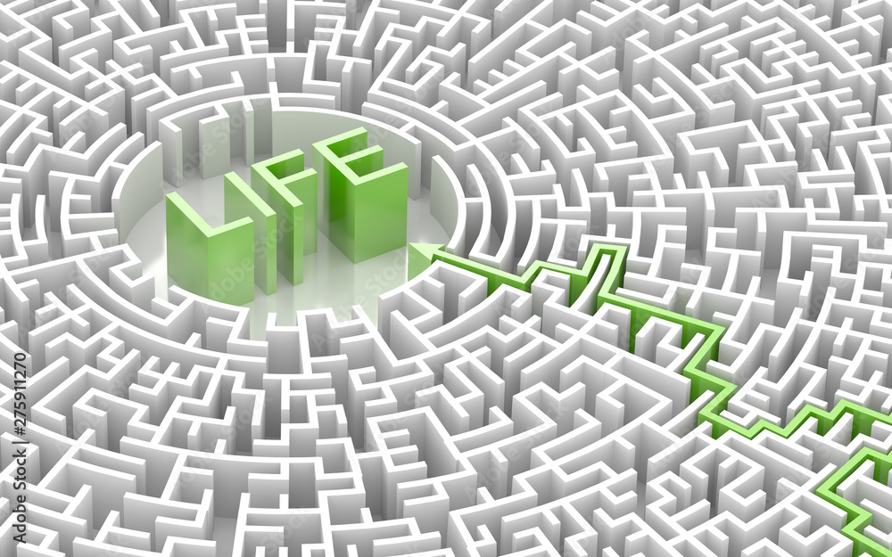 Poster infinite labyrinth with life and time concepts, original 3d rendering