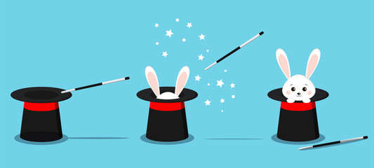 Isolated magician's black hat, magic hat with bunny ears, white rabbit in hat with magic wand in action and stars. Vector flat illustration in cartoon style. © Irina